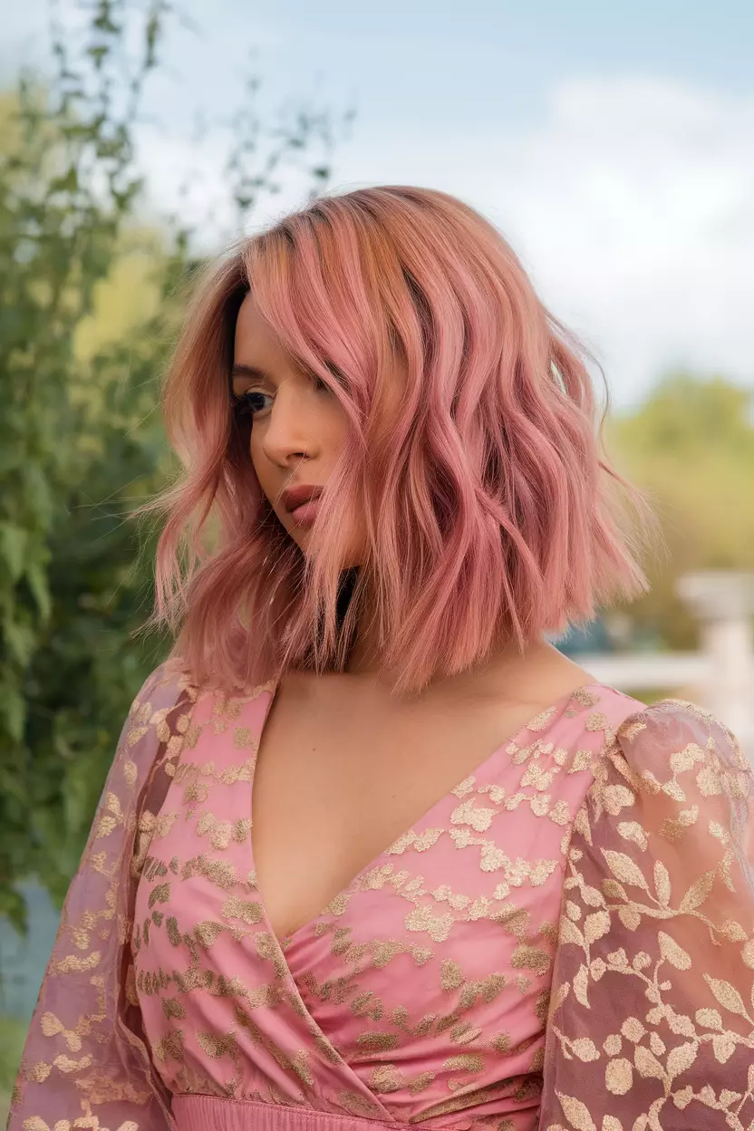 Rose Gold Remix A beautiful woman with a rose gold remix medium-length hairstyle with pink and gold tones, Front view, summer background