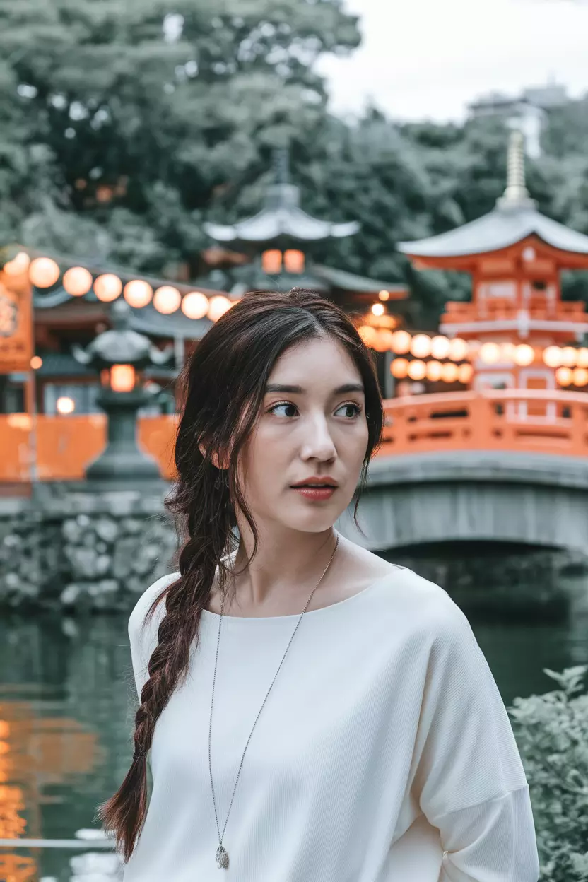 A beautiful woman with a Fishtail Braid, side view, summer festival background
