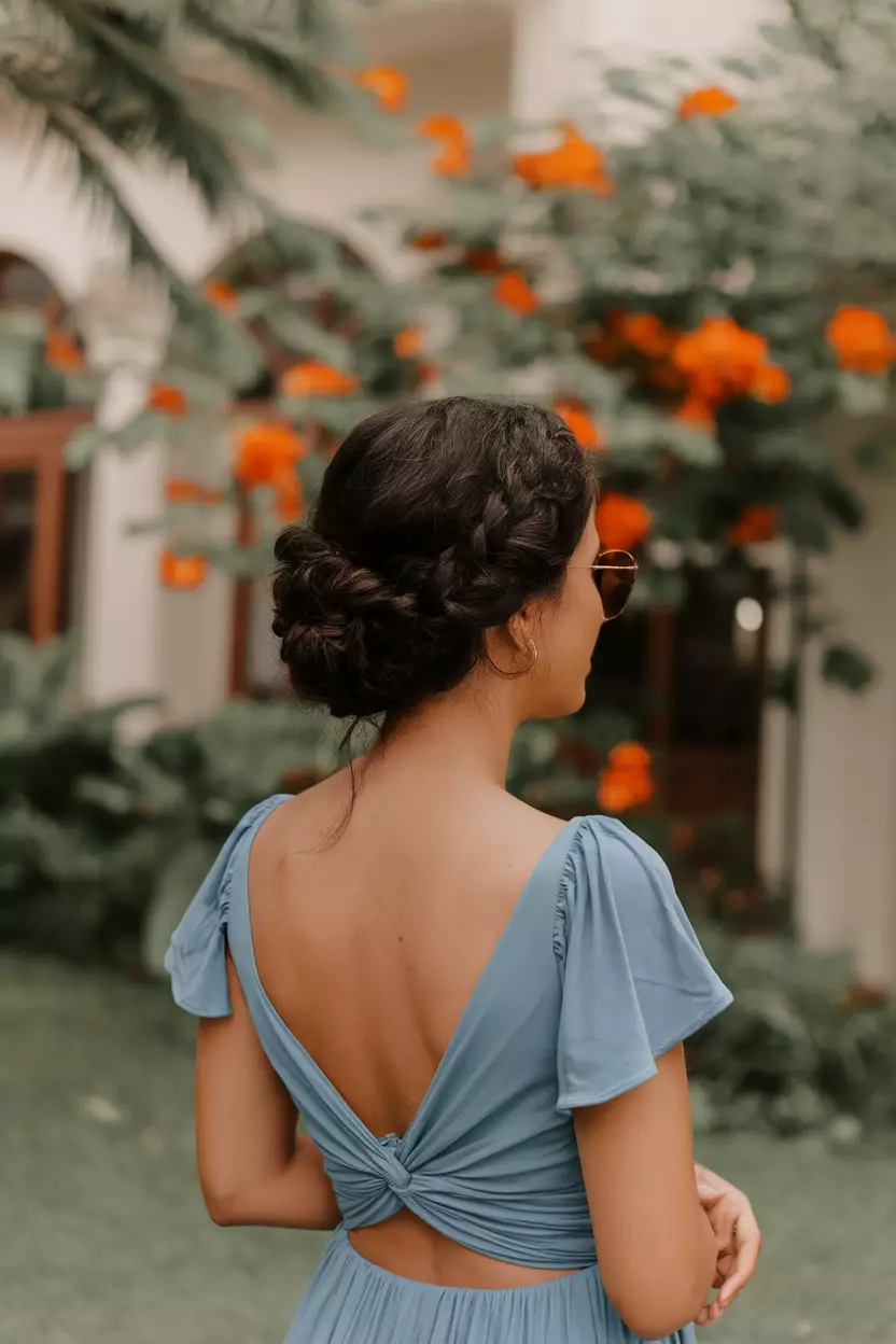 A beautiful woman with a twisted updo, back view, summer background