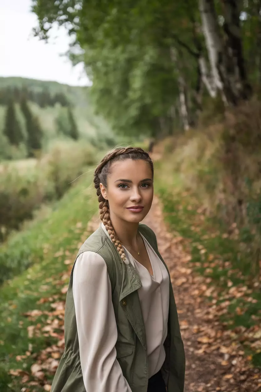 A beautiful woman with a French Braid, back view, hiking trail background