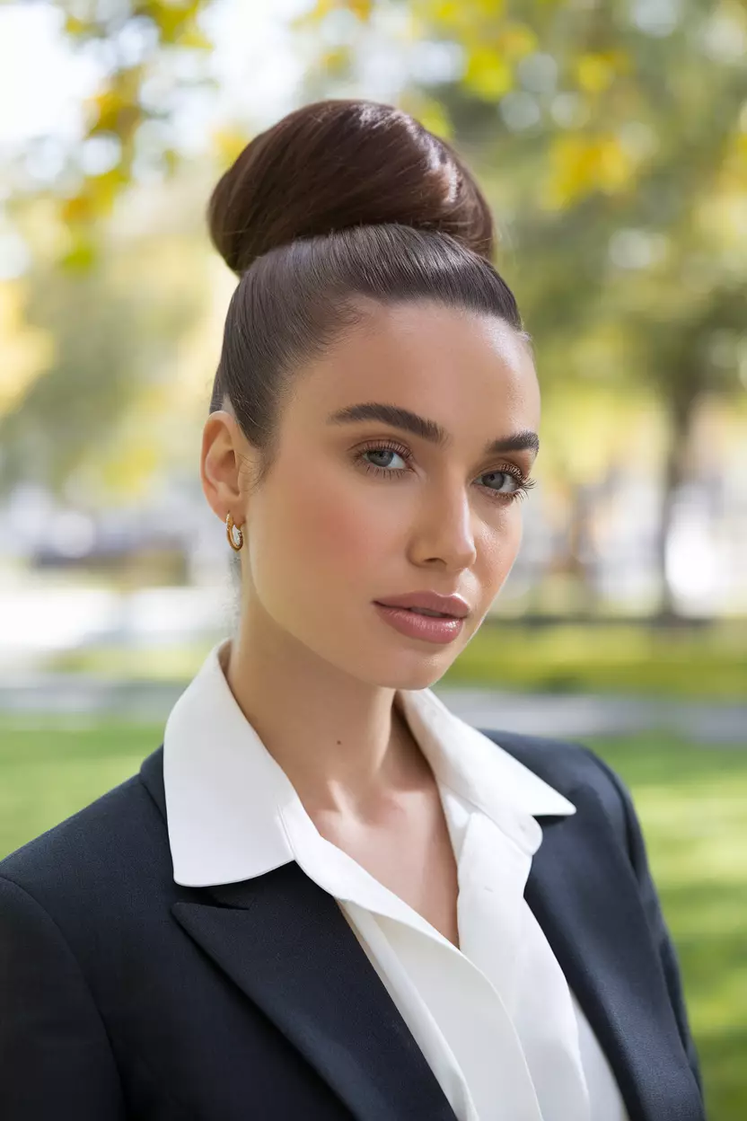 A beautiful woman with a Classic High Ponytail, side view, sunny park background