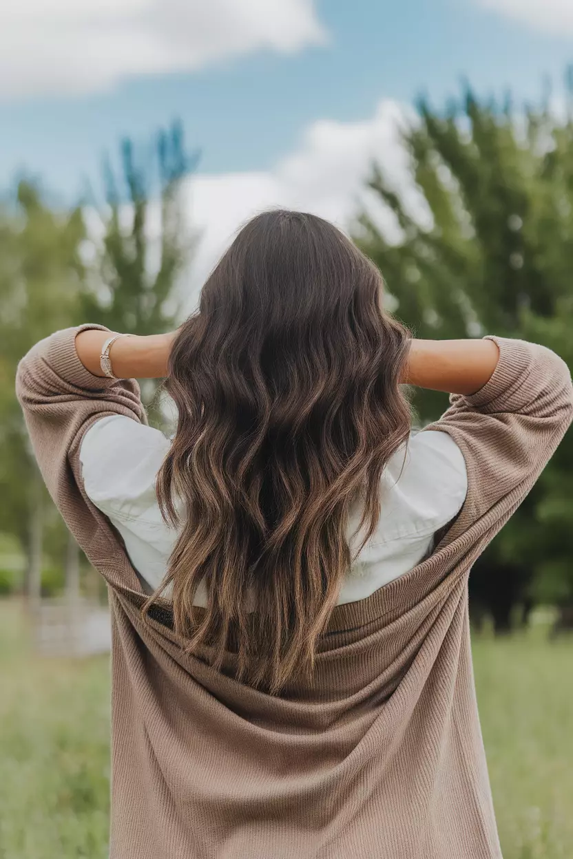 Ash Brown Balayage A beautiful woman with an ash brown balayage on long wavy dark hair, Back view, summer background