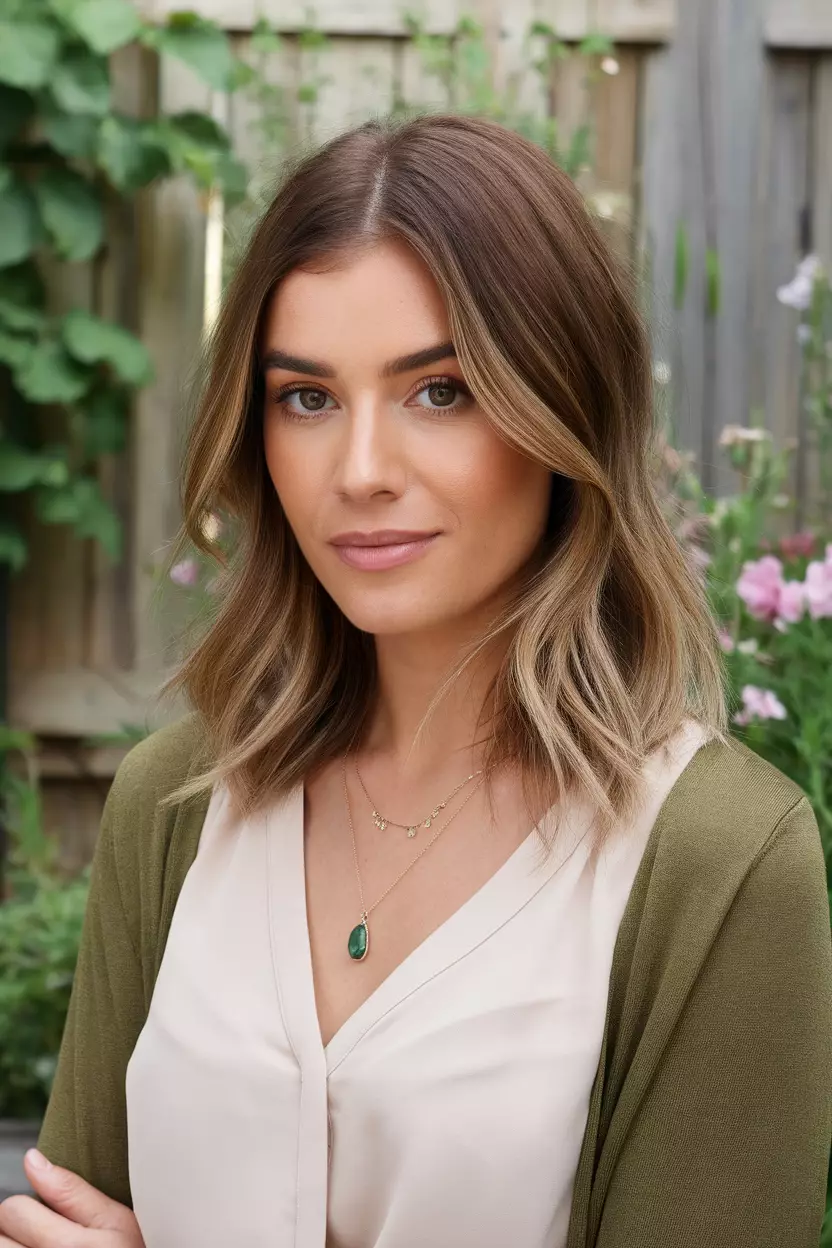 Honey Blonde Babylights A beautiful woman with medium brown hair featuring very fine, delicate honey blonde babylights scattered throughout, Front view, summer garden background