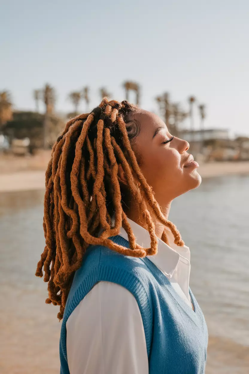 Honey Blonde Locs A beautiful black woman with honey blonde shoulder-length locs, side view, sunny beach background