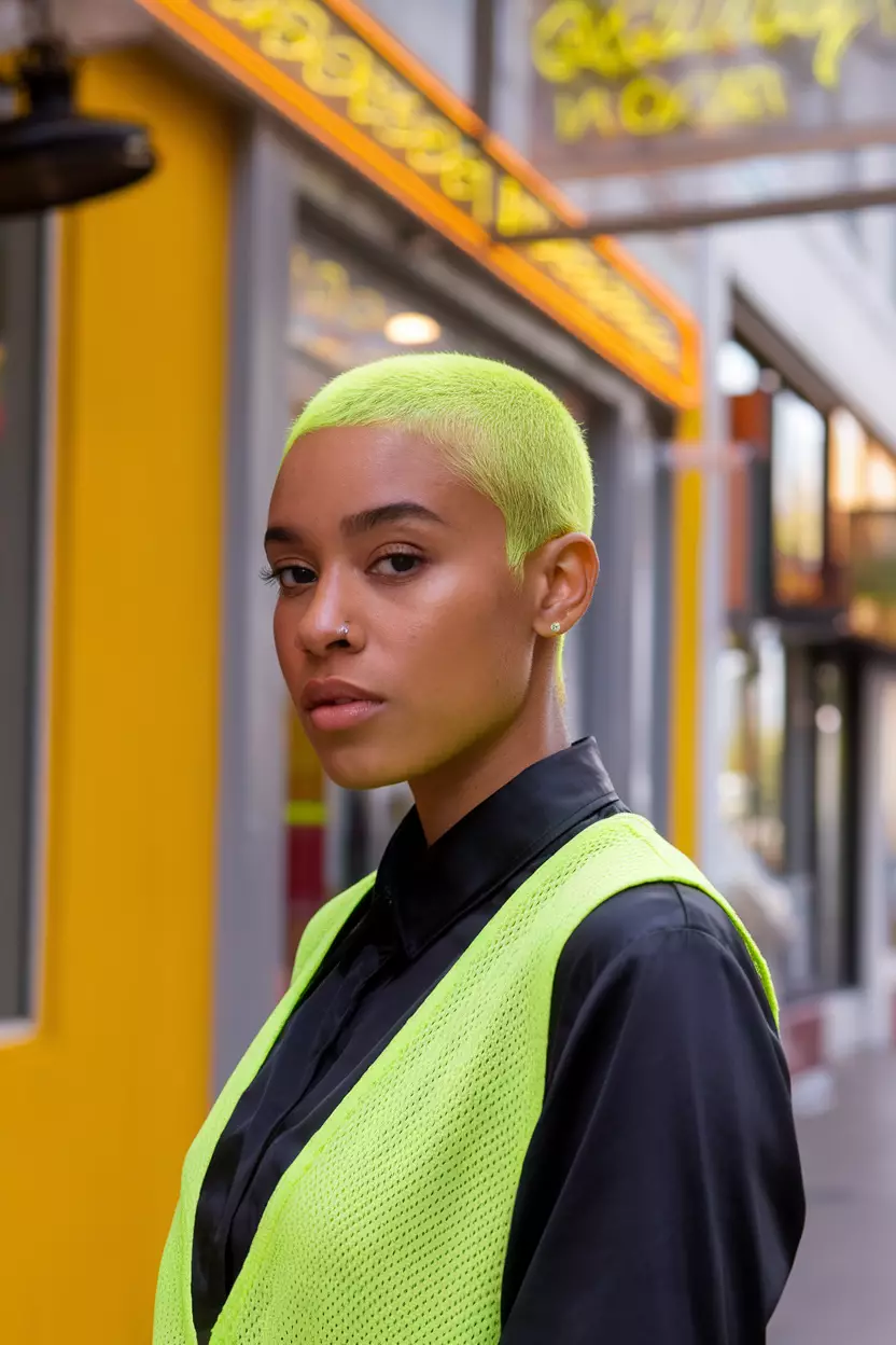 Neon Yellow Buzz Cut A beautiful black woman with a neon yellow buzz cut, front view, vibrant city street background