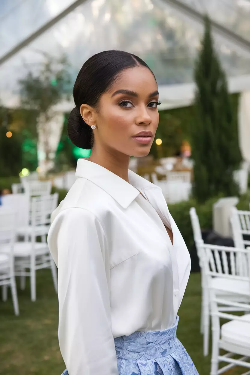 A beautiful black woman with a neat, sleek low bun at the nape of her neck, back view, elegant garden party background