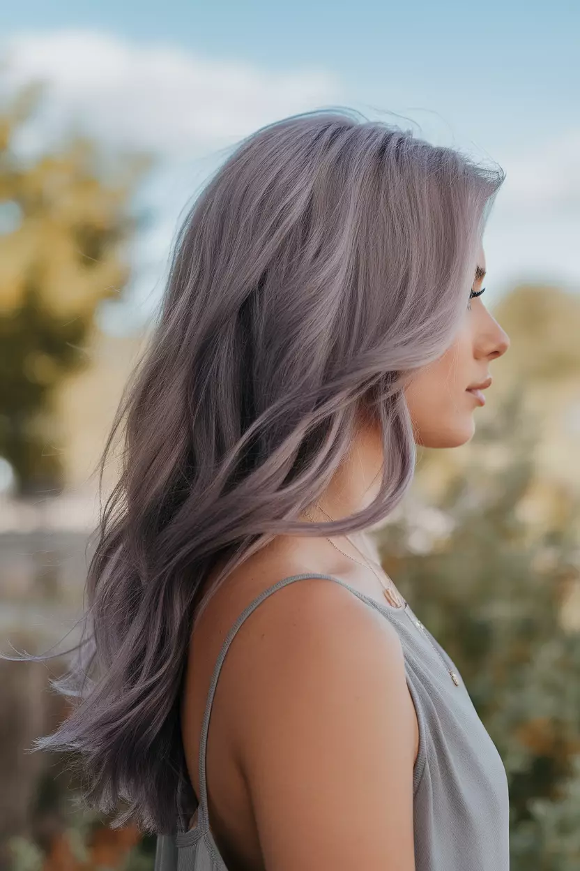 Lavender Haze A beautiful woman with a lavender haze long layered hairstyle, Side view, summer background