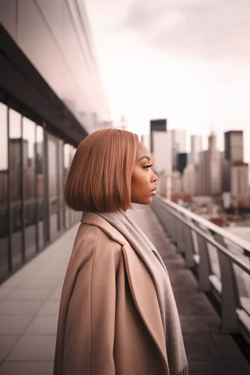 Rose Gold Bob A beautiful black woman with a sleek rose gold bob hairstyle, side view, modern city rooftop background