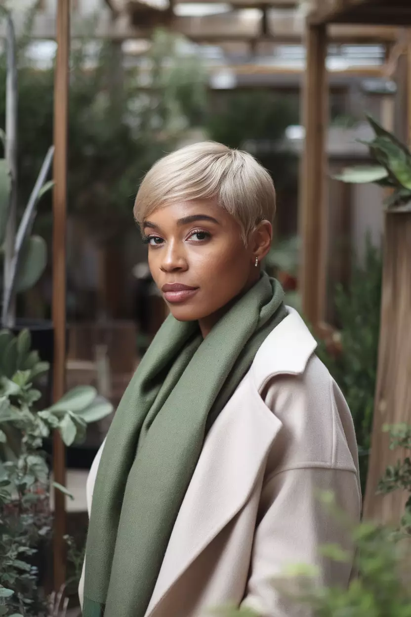 Ash Blonde Pixie A beautiful black woman with an ash blonde pixie cut, side view, urban garden background