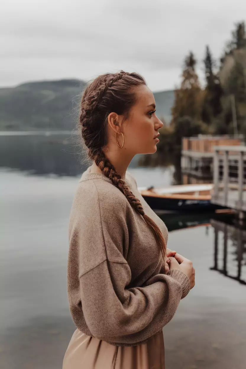 A beautiful woman with a Side Braid, side view, lakeside background