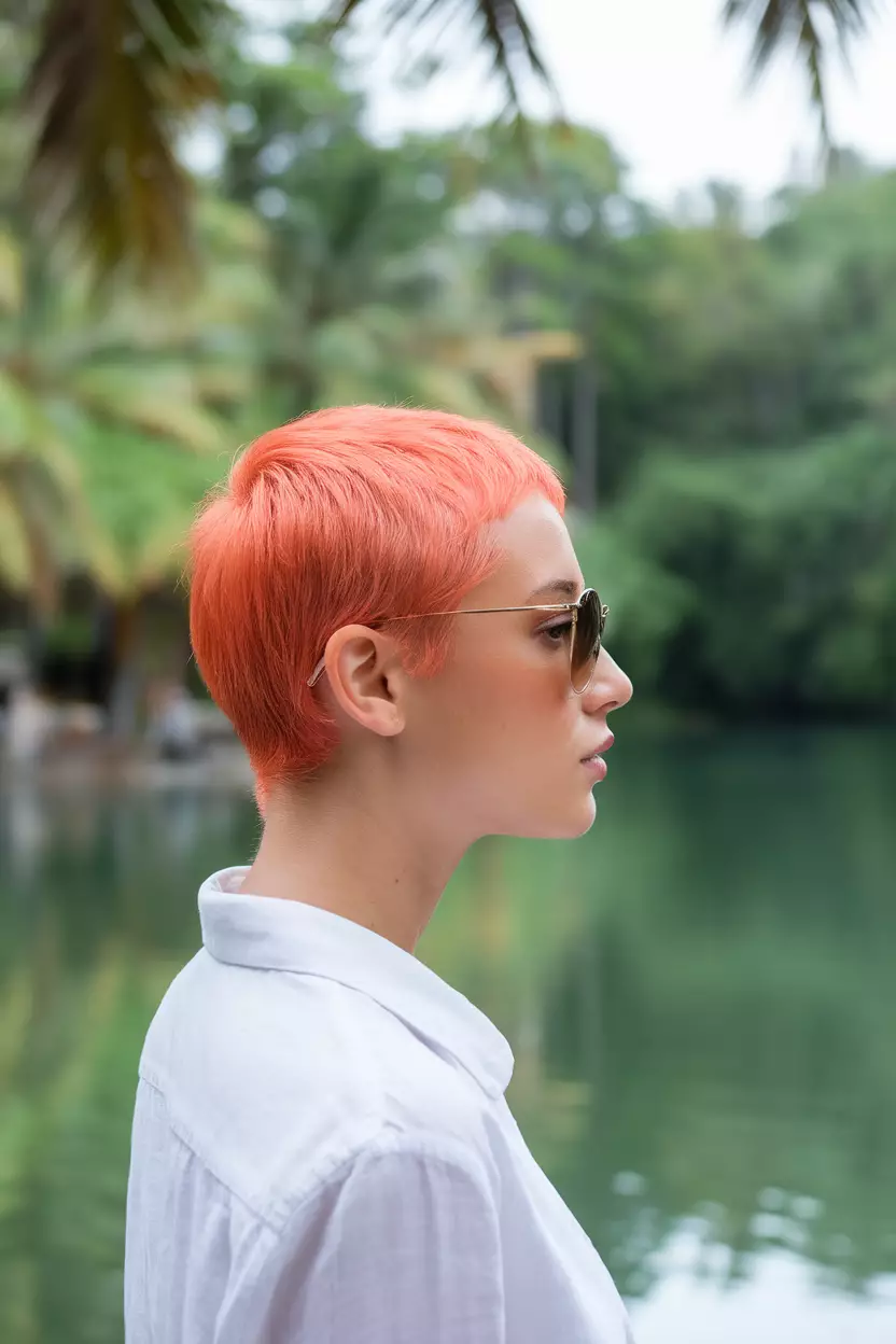 Coral Craze A beautiful woman with a coral colored short pixie cut, Side view, summer background