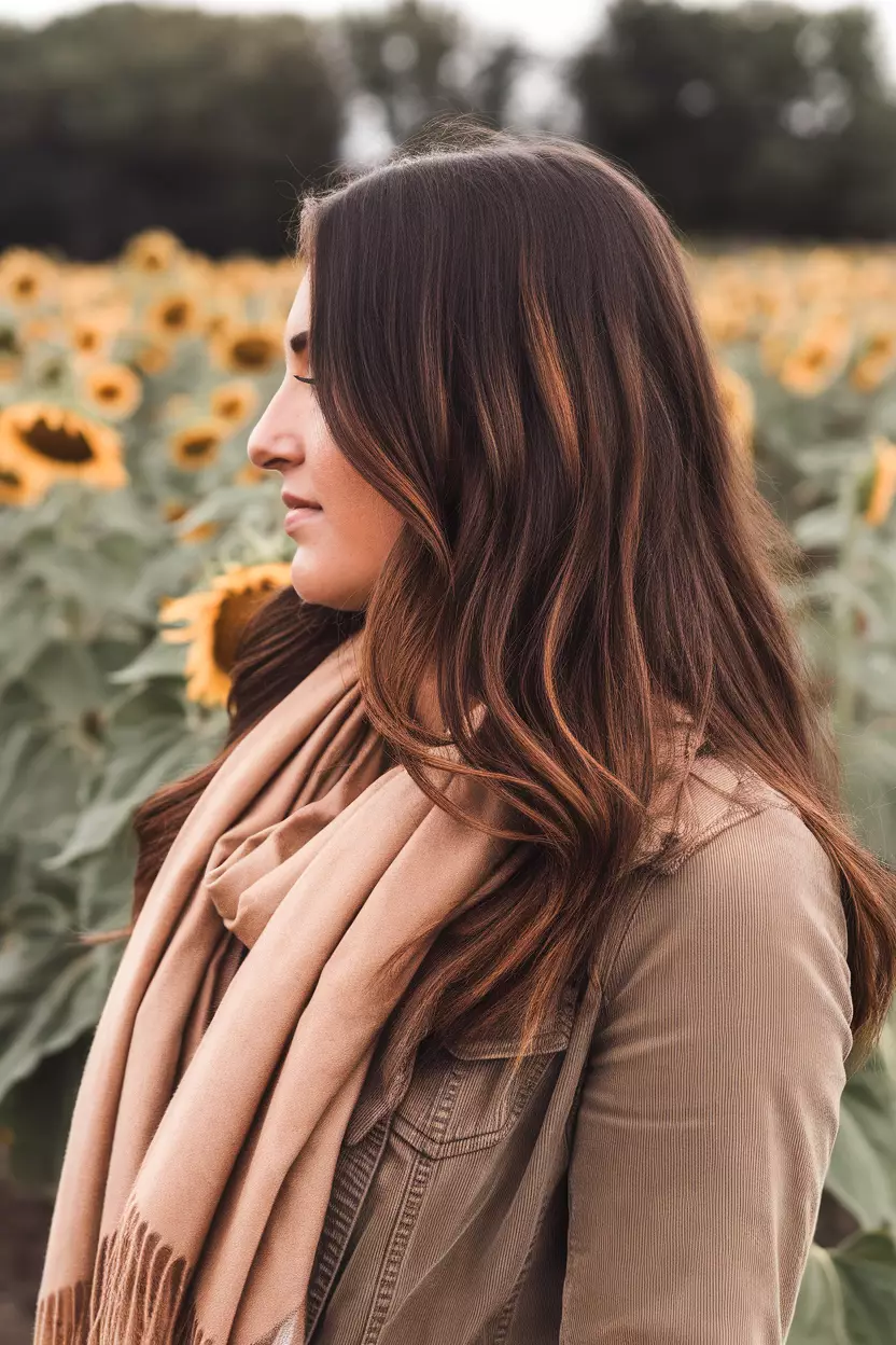 Copper Tones A beautiful woman with dark brown hair enhanced with warm copper highlights throughout, Side view, field of sunflowers background