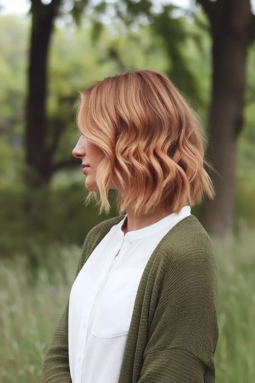Honey Peach A beautiful woman with a honey peach shoulder-length hairstyle with loose waves, Side view, summer background