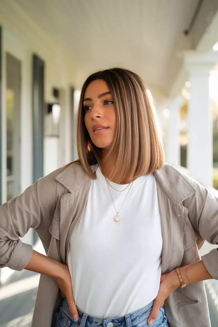 Light Brown All Over A beautiful woman with a shoulder-length straight light brown hair, Front view, sunny porch background