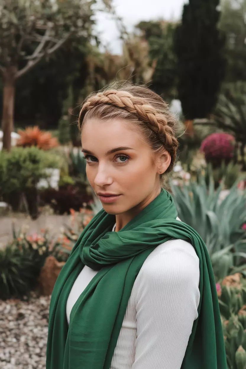 A beautiful woman with a Braided Headband hairstyle, front view, botanical garden background