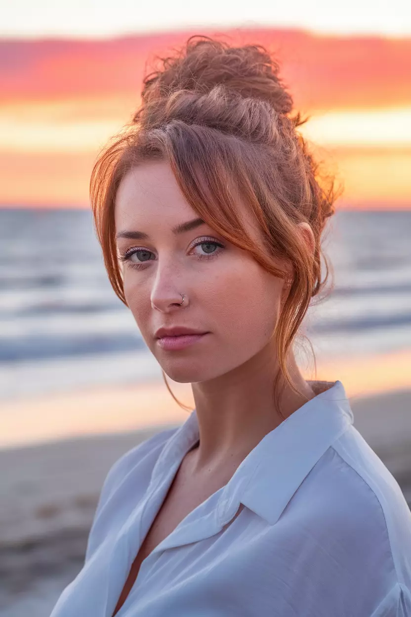 Subtle Auburn Glow A beautiful woman with light brown hair featuring very subtle auburn highlights giving an overall warm glow, Back view, sunset beach background