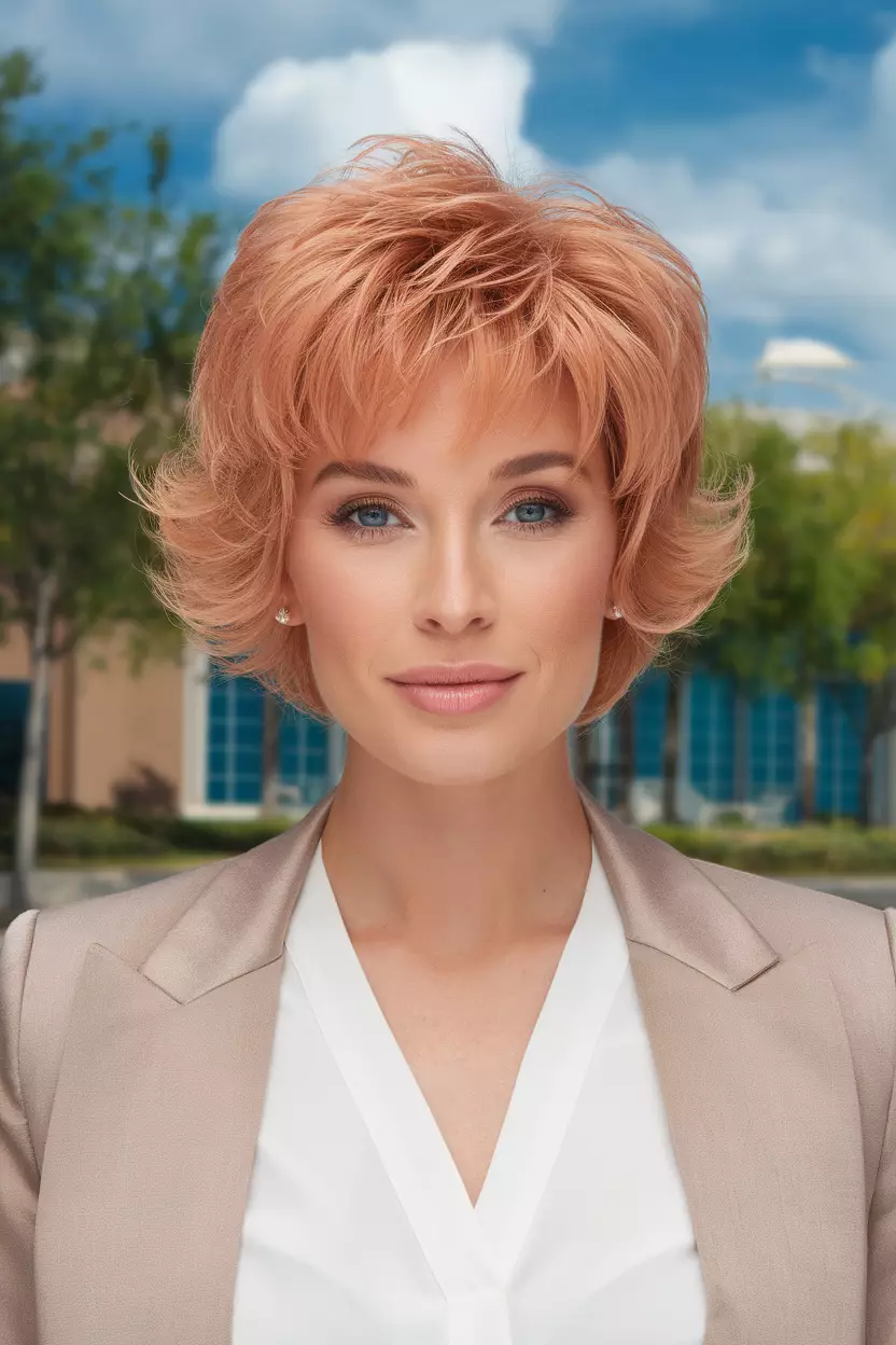 Peach Blonde A beautiful woman with a short, textured peach blonde bob, Front view, summer background