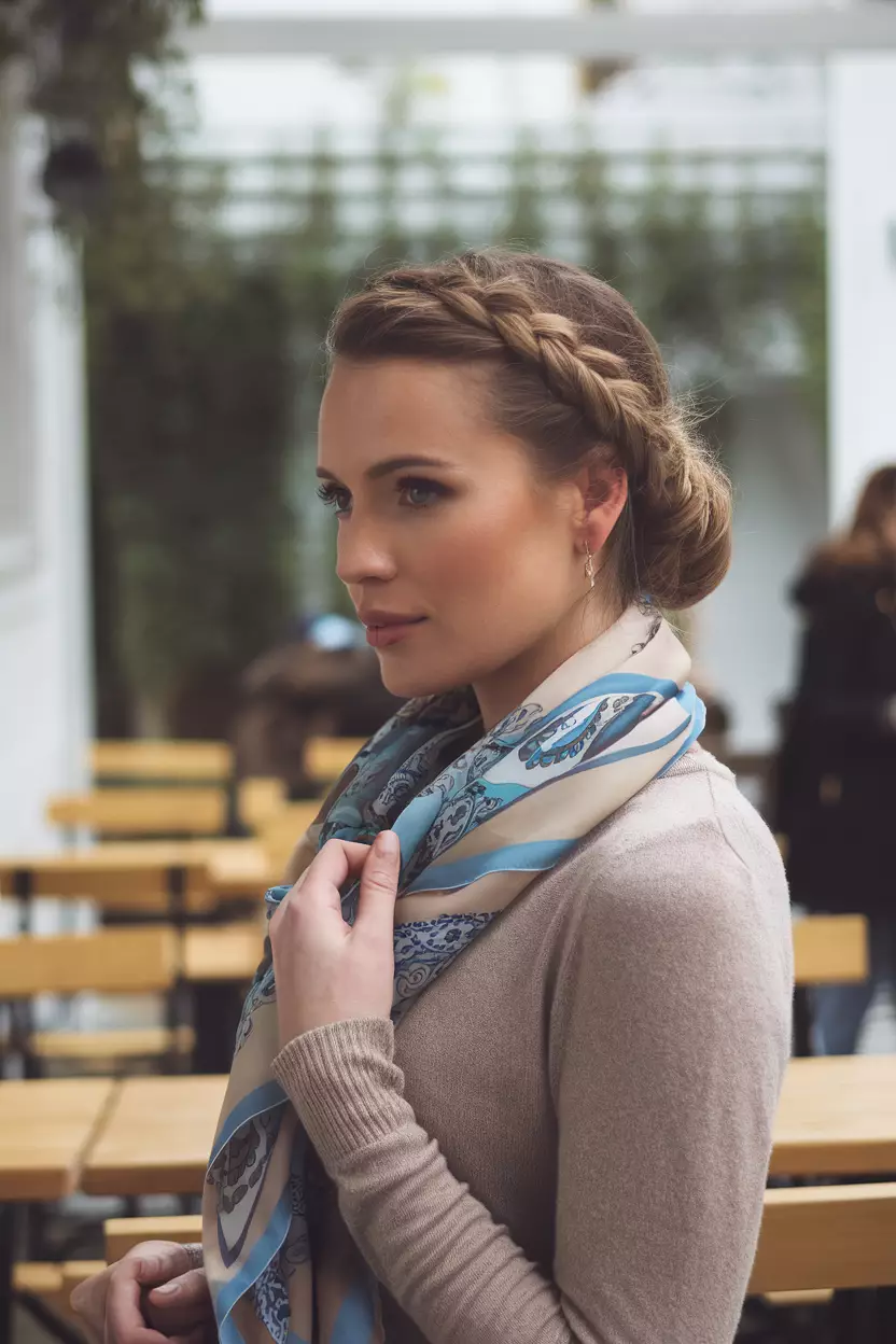 A beautiful woman with a Dutch Braid Updo, back view, outdoor cafe background