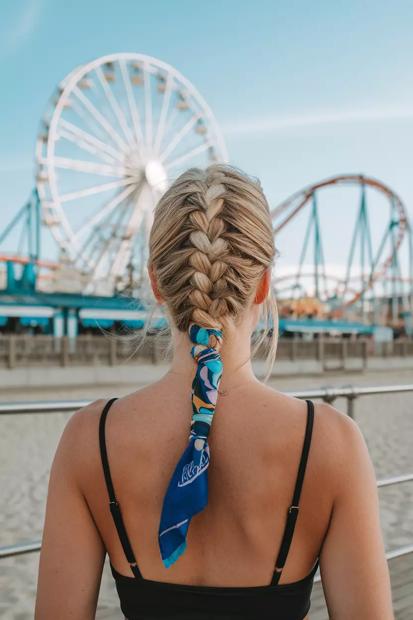 A beautiful woman with a Scarf Braid hairstyle, back view, beach boardwalk background