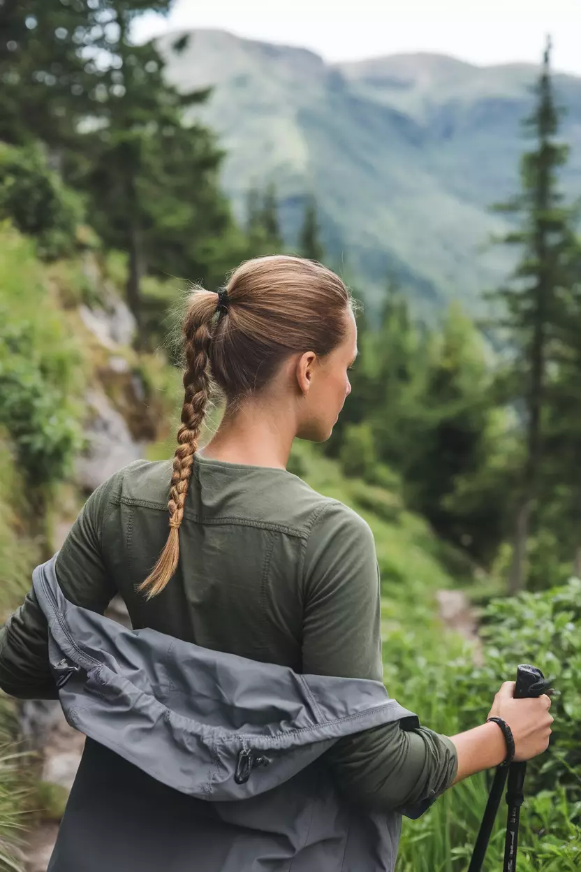 A beautiful woman with a Braided Ponytail, back view, hiking trail background