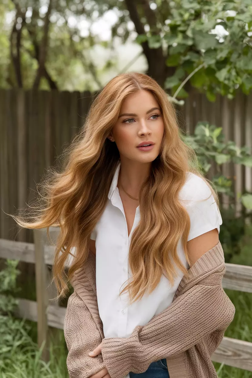 Honey Blonde A beautiful woman with long, flowing honey blonde hair with gentle waves, Back view, summer background