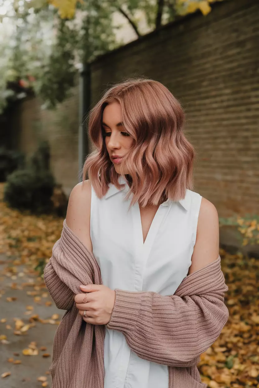 Dusty Rose Blonde A beautiful woman with a wavy dusty rose blonde lob, Side view, summer background
