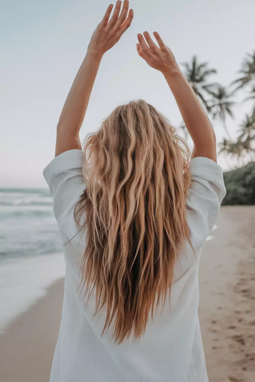 Sun-Kissed Blonde A beautiful woman with long, tousled sun-kissed blonde beach waves, Back view, summer background
