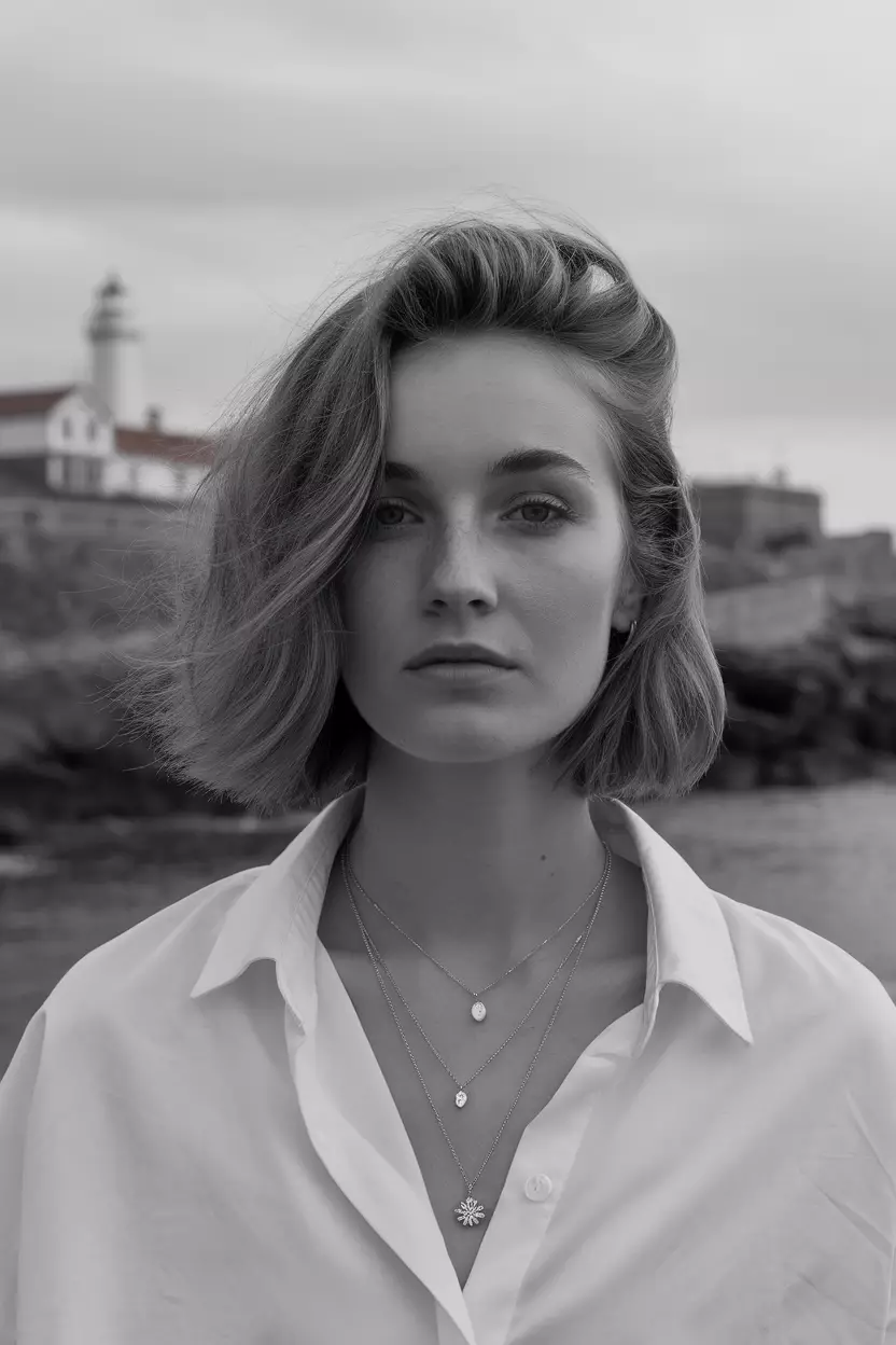 A beautiful woman with a Wavy Bob, Front view, seaside town background