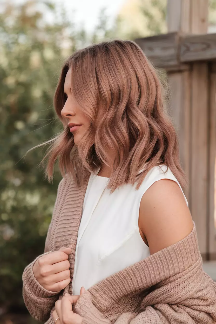 Rose Gold A beautiful woman with medium-length wavy rose gold hair, Side view, summer background