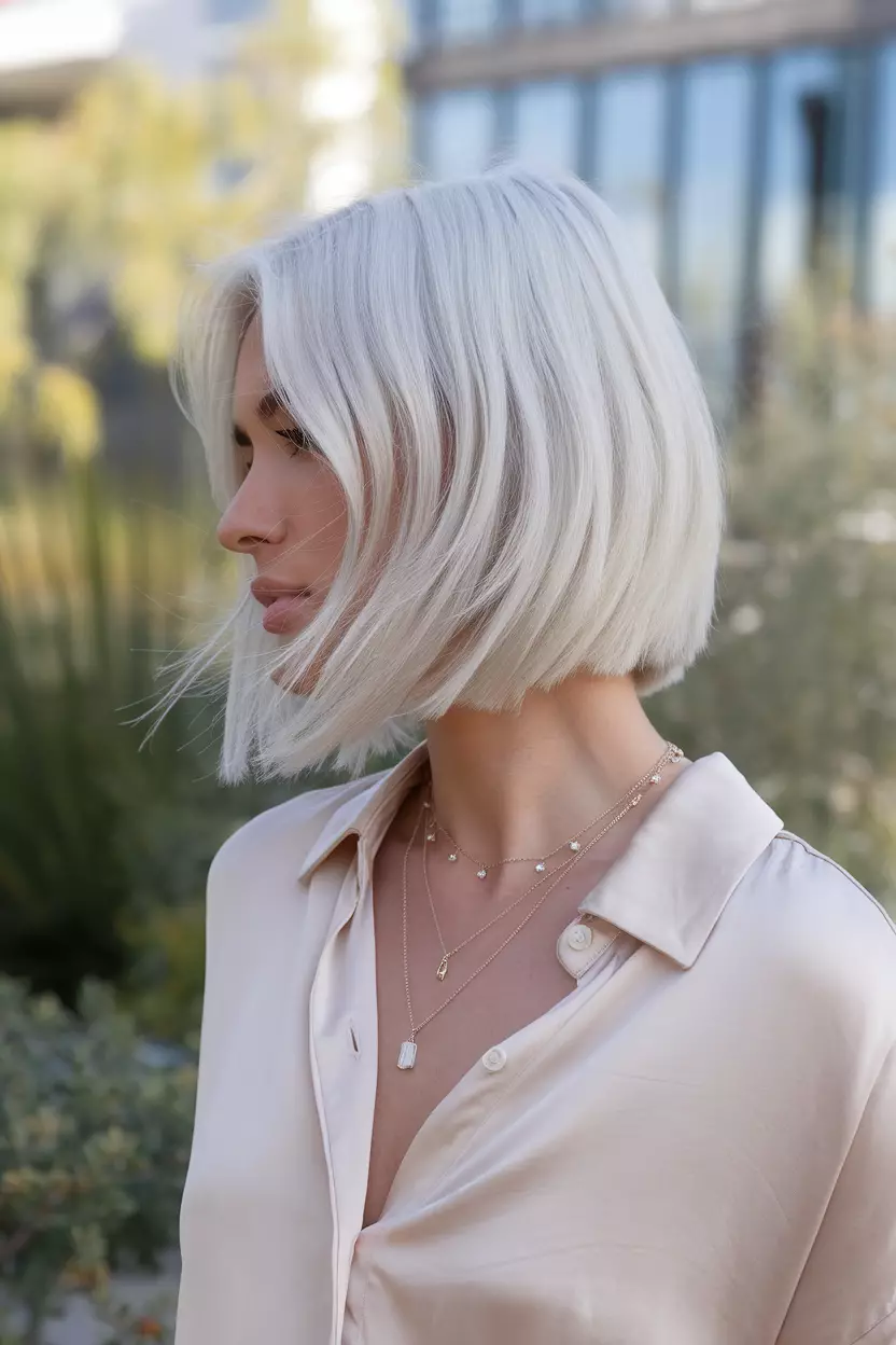 Icy Platinum A beautiful woman with an icy platinum sharp bob hairstyle, Side view, summer background