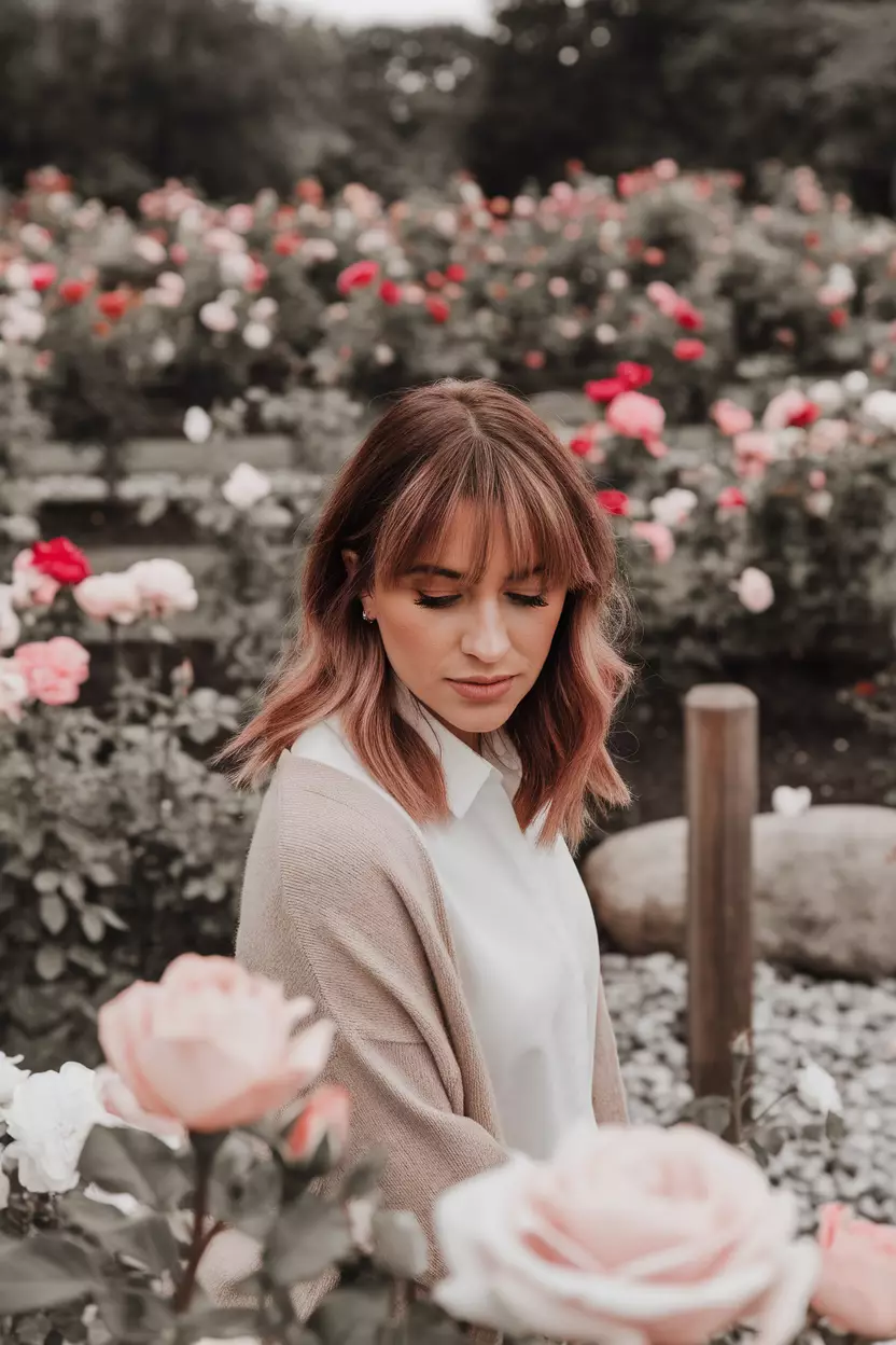 Rose Brown A beautiful woman with medium brown hair featuring soft rose brown highlights, Side view, blooming rose garden background