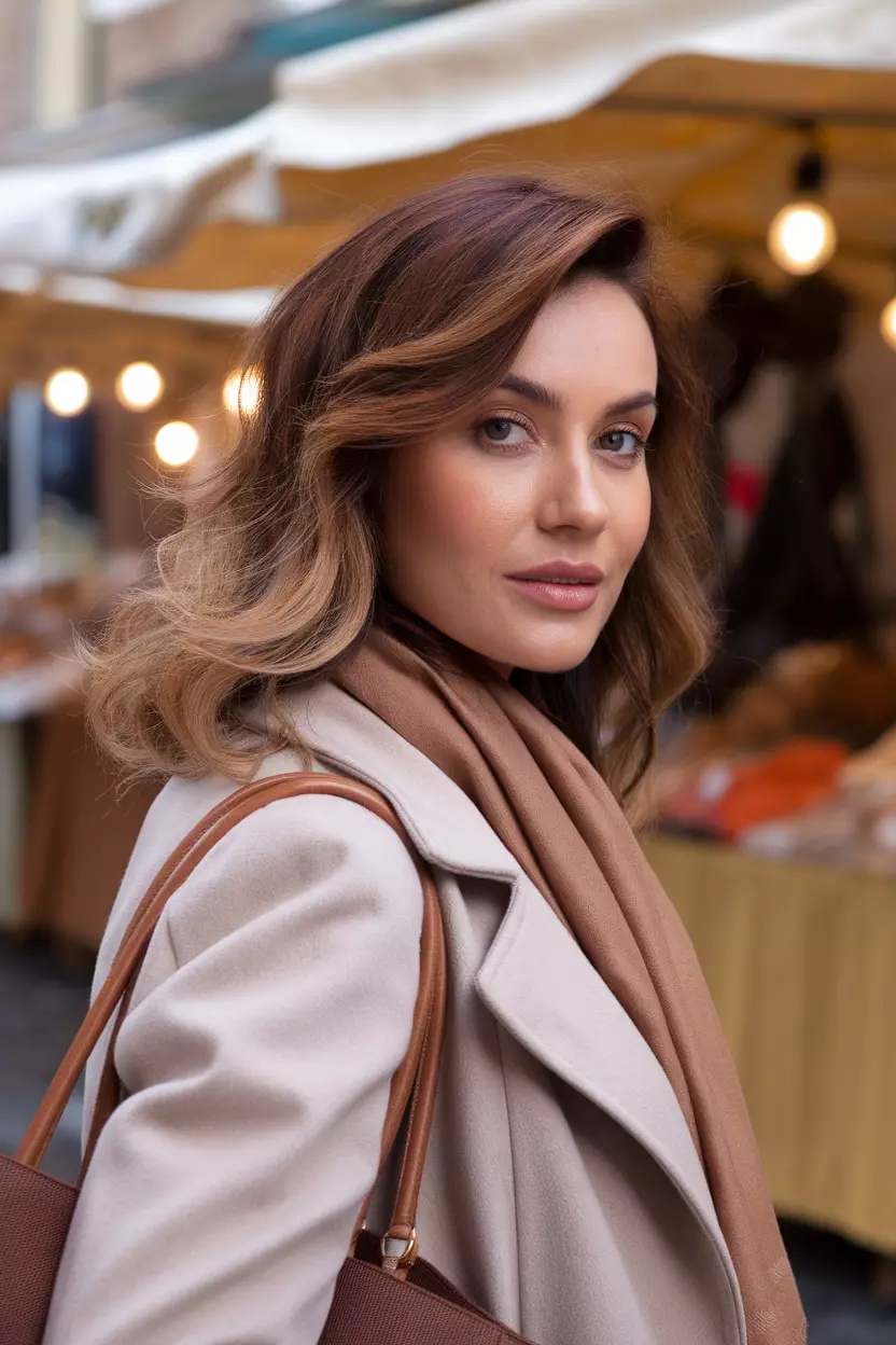 Toffee Swirls A beautiful woman with medium to dark brown hair featuring warm toffee colored swirl highlights, Side view, outdoor market background