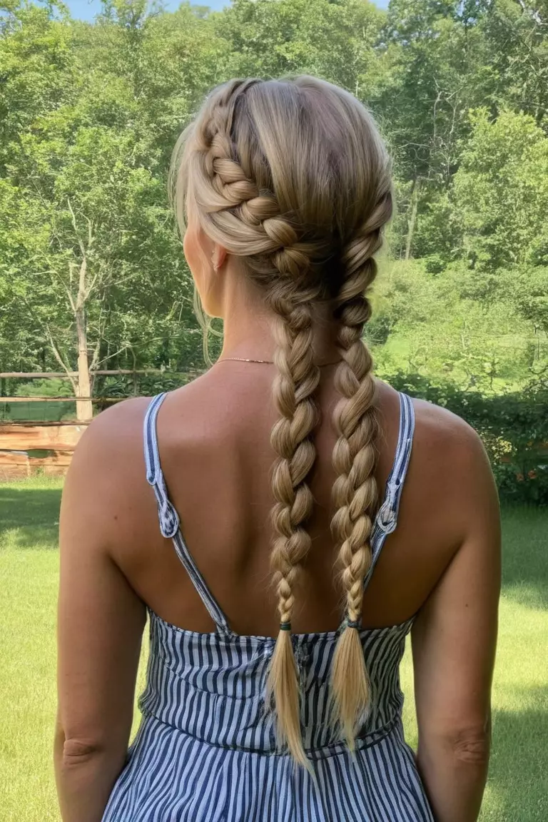 Warm Blonde A photo of a 36-year-old Victoria, Warm Blonde braided style, Back view, summer farm background