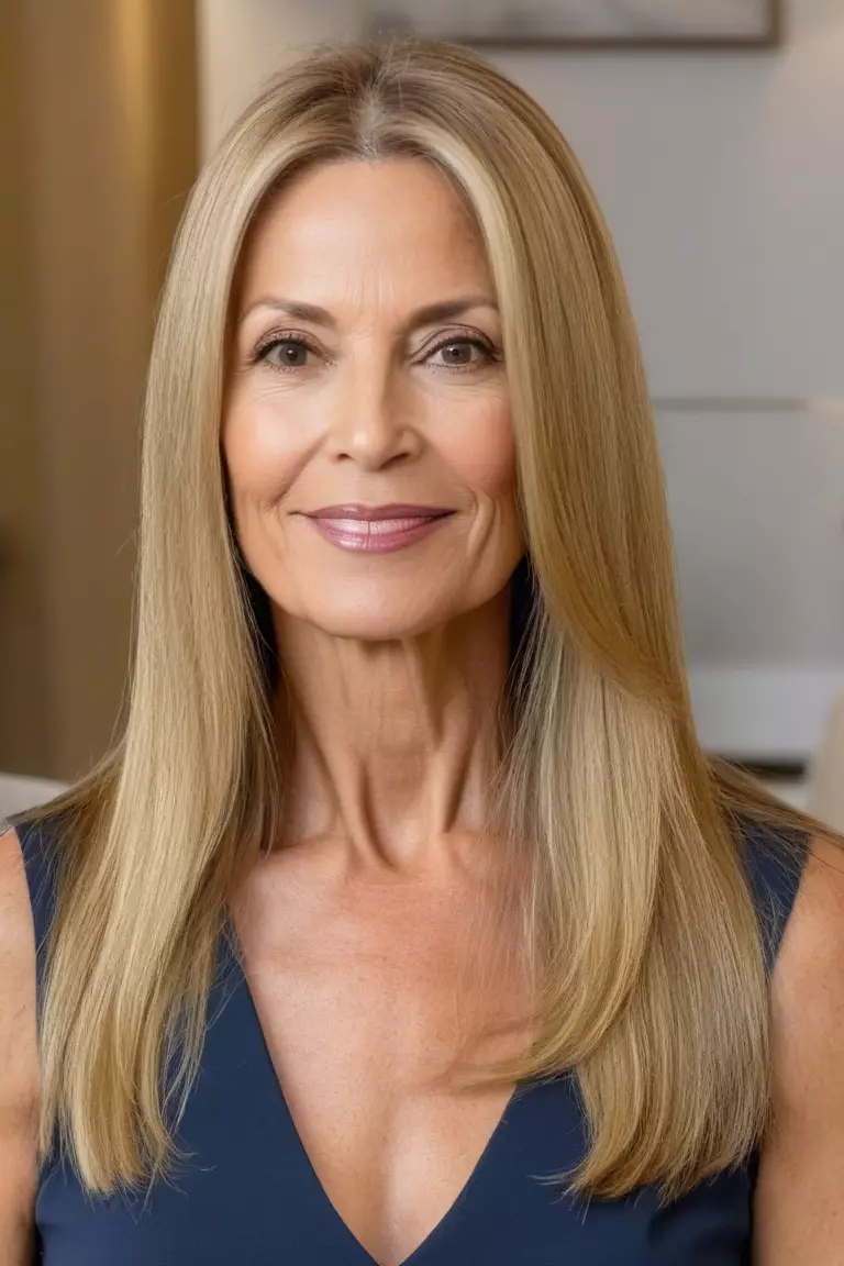 A photo of a 48-year-old Patricia, with long straight honey blonde hair, Front view, living room background