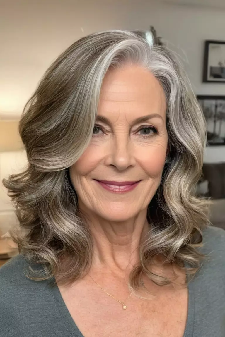 A photo of a 58-year-old Hannah, with side-parted medium-length waves, Side view, living room background