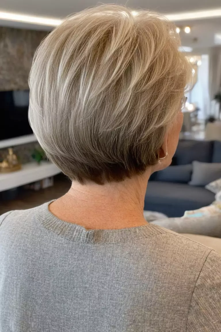 Wedge Cut A photo of a 68-year-old Rebecca, fine hair, Wedge Cut, Back view, living room background