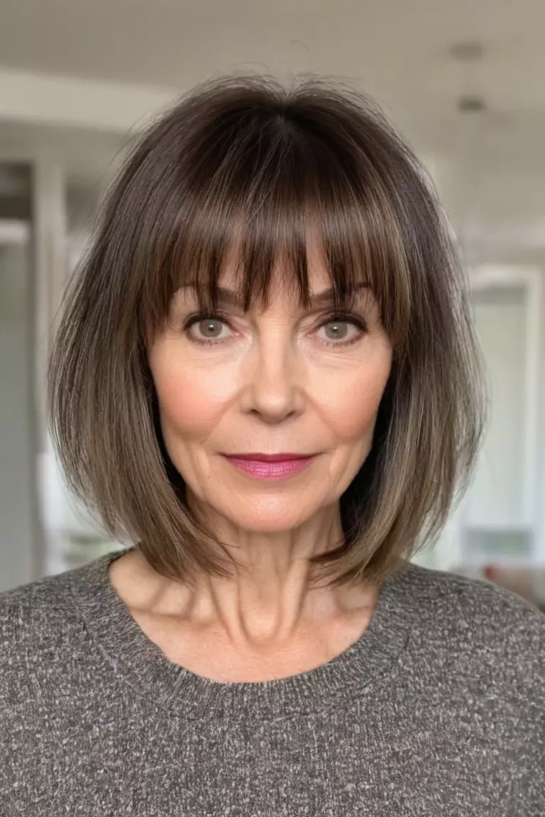A photo of a 45-year-old Ava, Bob with Razored Ends and Wispy Bangs, thin hair, Front view, living room background