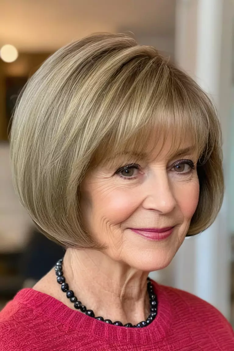 Chin-Length Bob with Side-Swept Bangs A photo of a 67-year-old Susan, fine hair, Chin-Length Bob with Side-Swept Bangs, Side view, living room background