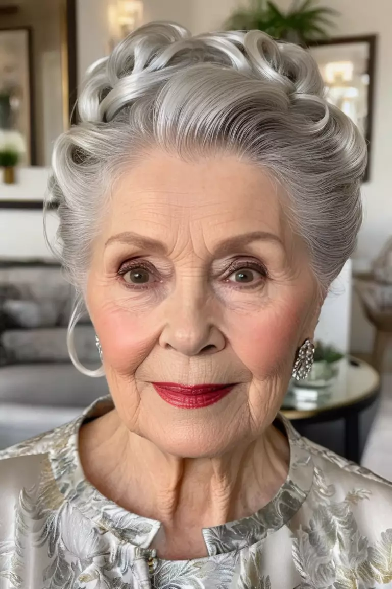 A photo of a 77-year-old Janet, silver updo with loose tendrils, front view, living room background