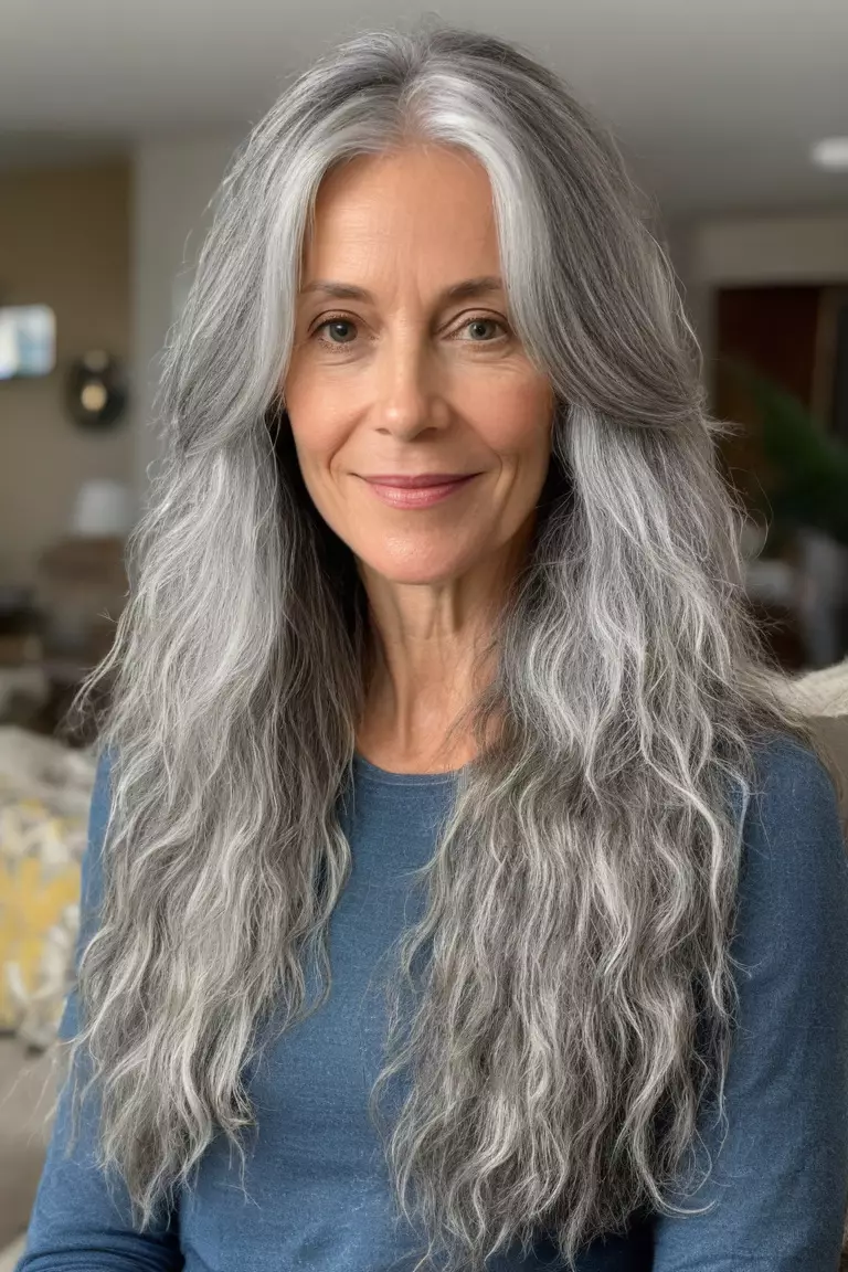 A photo of a 47-year-old Emily, with silver shaggy layers in her long hair, Front view, living room background