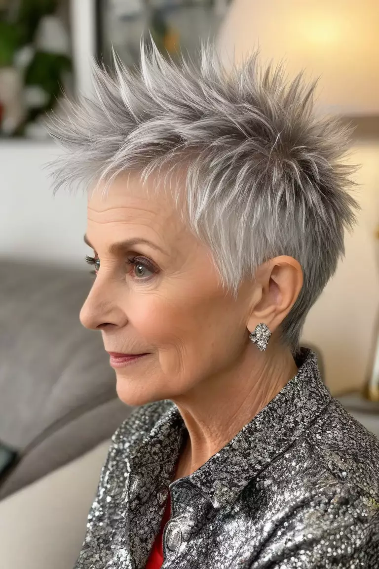 A photo of a 71-year-old Karen, short spiky silver pixie, side view, living room background