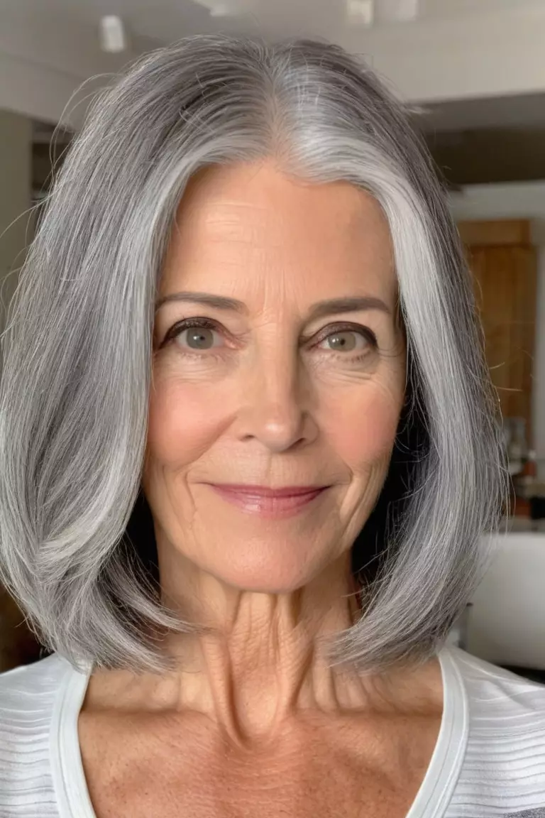 A photo of a 54-year-old Amelia, with a face-framing gray lob, Front view, living room background