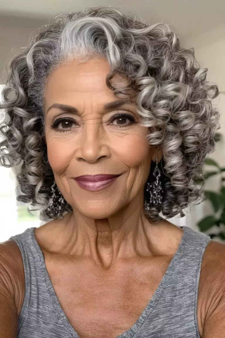A photo of a 63-year-old Samantha, salt and pepper curls, front view, living room background