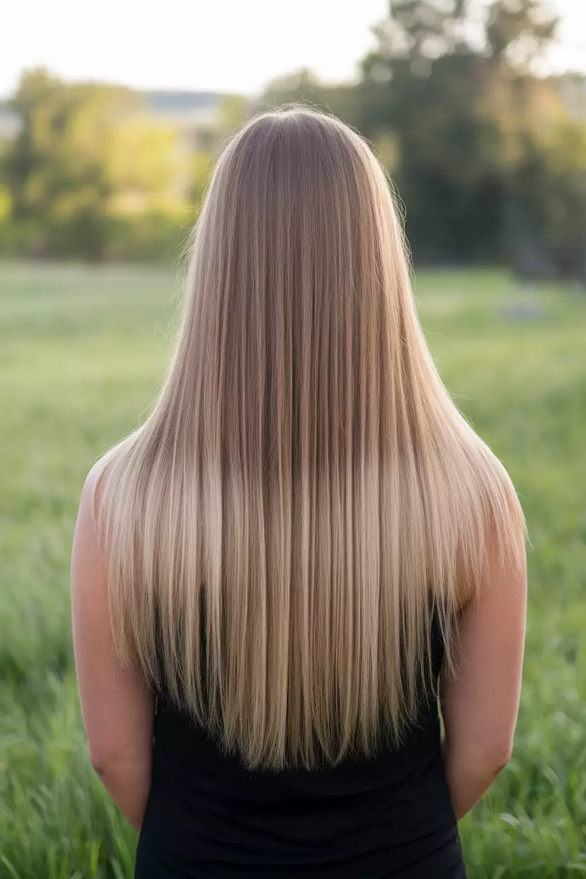 Blonde Ombre (Light Brown to Blonde) A beautiful woman with long straight hair showing a smooth transition from light brown roots to blonde ends, Back view, summer background