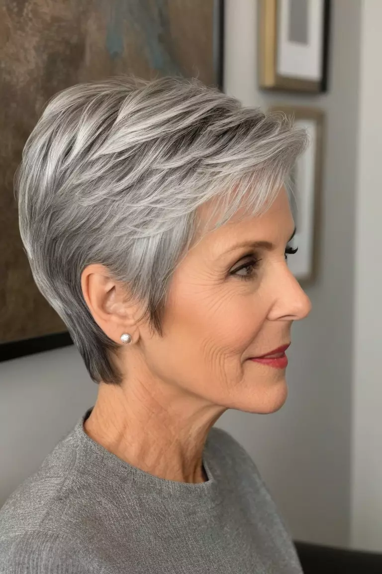 A photo of a 51-year-old Nancy, short tapered silver layers, side view, living room background