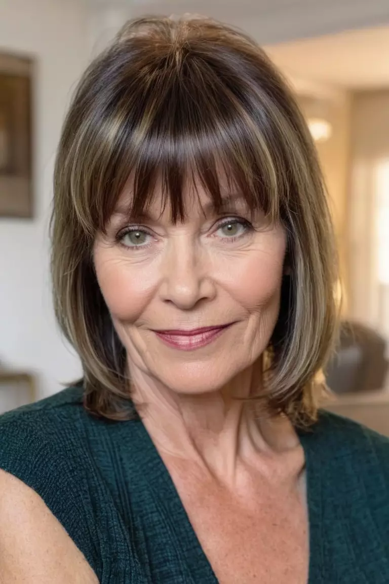 A photo of a 52-year-old Kathleen, Shag Cut with Bangs, fine hair, Front view, living room background