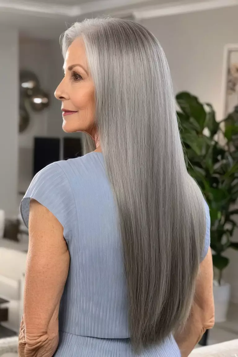 A photo of a 62-year-old Cynthia, with a long straight silver gray cut hairstyle, Back view, living room background