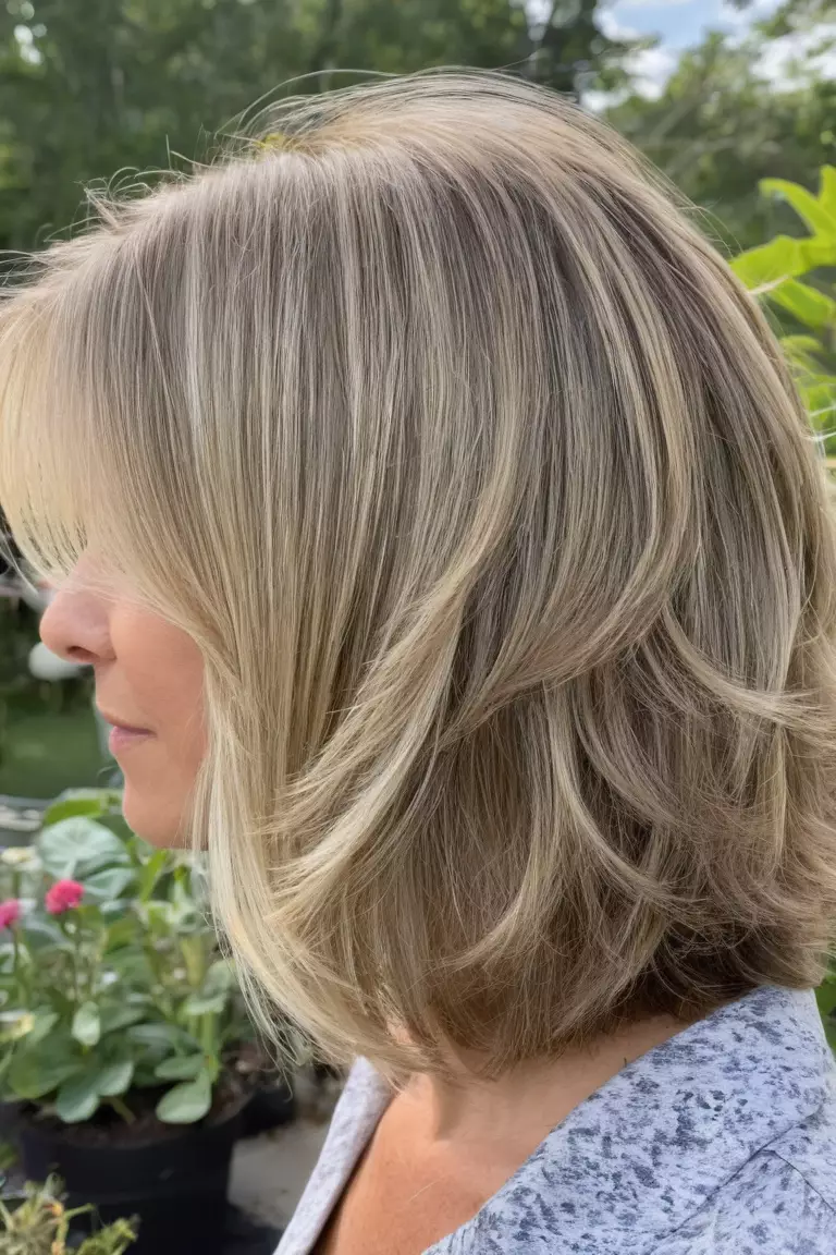 Mushroom Blonde A photo of a 39-year-old Luna, Mushroom Blonde layered cut, Side view, summer greenhouse background