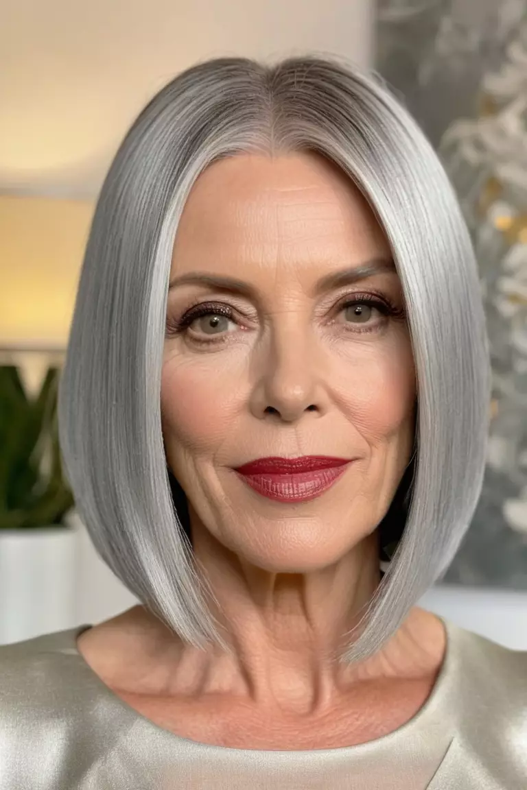 A photo of a 52-year-old Scarlett, with a sleek silver long bob, Front view, living room background