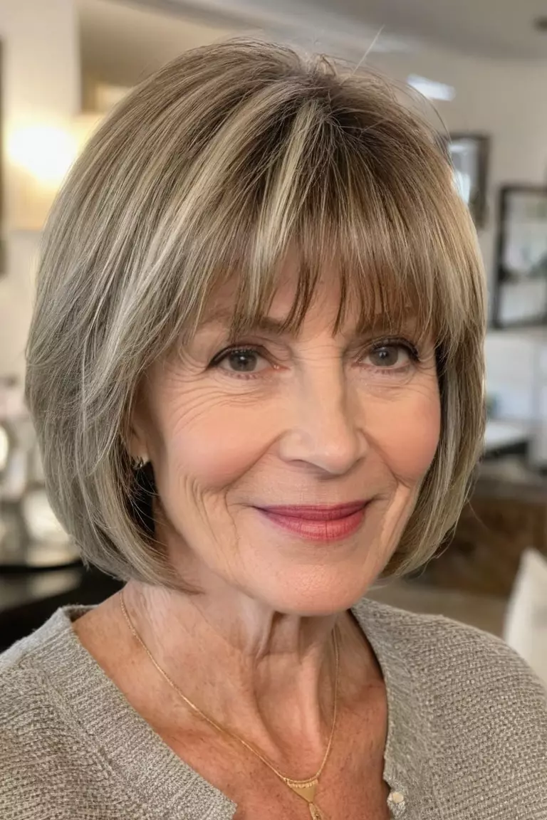 Layered Bob with Bangs A photo of a 64-year-old Deborah, fine hair, Layered Bob with Bangs, Front view, living room background
